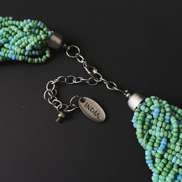 Tanjore India SignedTurquoise Blue Green Woven Seed Bead Collar Bib Necklace - Picture 9 of 12